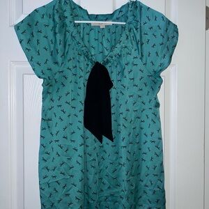 LOFT Teal Blouse with Black Bow Detail